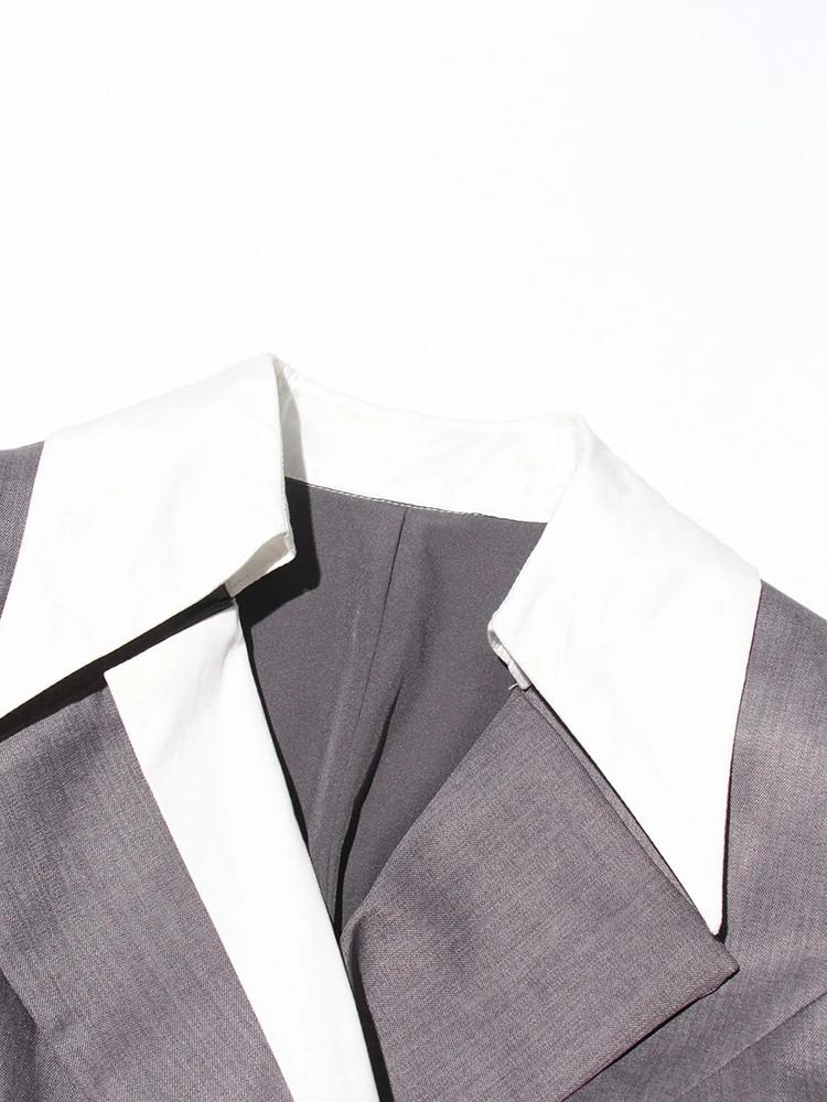 TWOTWINSTYLE Casual Colorblock Spliced Belt Blazer For Women Notched Collar Long Sleeve Patchwork Pocket Chic Blazers Female New