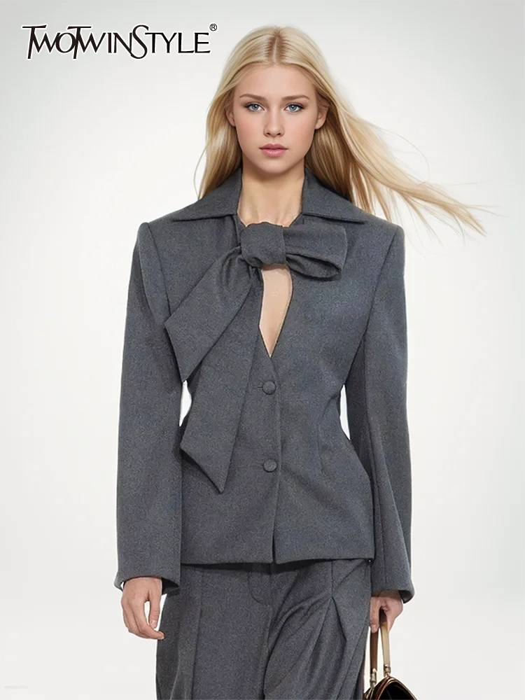 TWOTWINSTYLE Solid Patchwork Lace Up Blazer For Women V Neck Long Sleeve Tunic Spliced Single Breasted Casual Blazers Female New