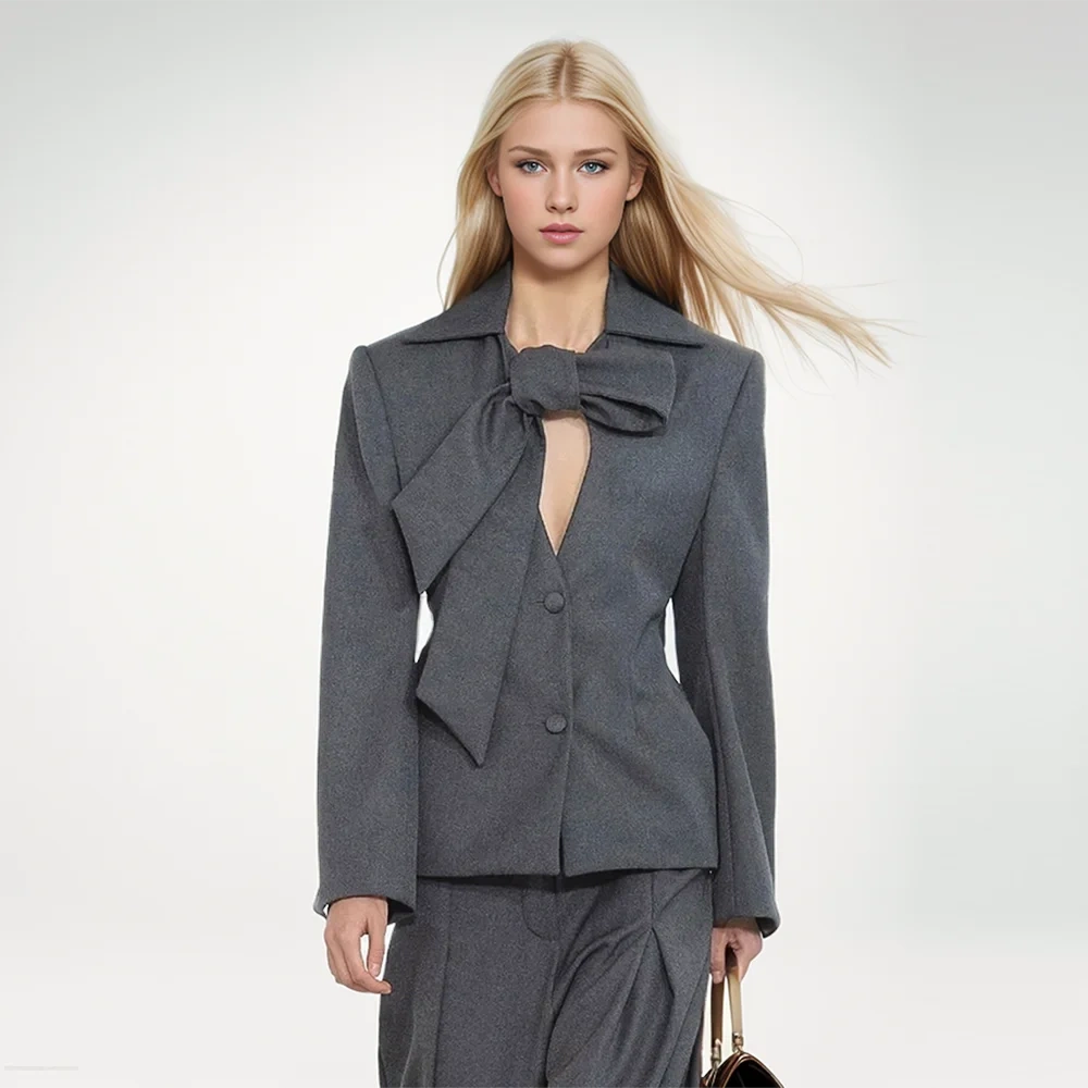 TWOTWINSTYLE Solid Patchwork Lace Up Blazer For Women V Neck Long Sleeve Tunic Spliced Single Breasted Casual Blazers Female New