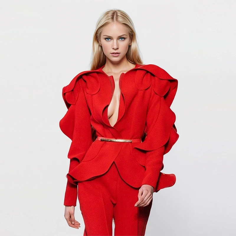 TWOTWINSTYLE Solid Spliced Ruffles Temperament Blazers For Women V Neck Long Sleeve Irregular Designer Chic Blazer Female New