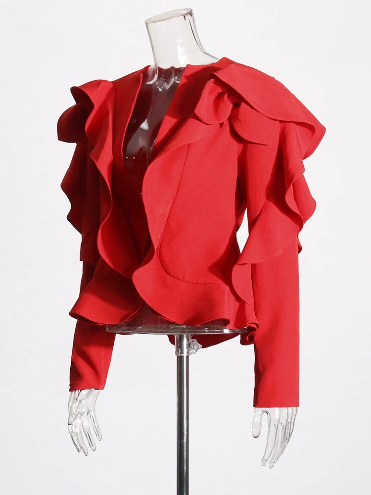 TWOTWINSTYLE Solid Spliced Ruffles Temperament Blazers For Women V Neck Long Sleeve Irregular Designer Chic Blazer Female New