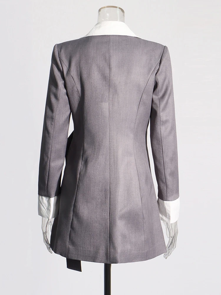 TWOTWINSTYLE Casual Colorblock Spliced Belt Blazer For Women Notched Collar Long Sleeve Patchwork Pocket Chic Blazers Female New