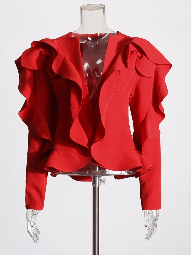TWOTWINSTYLE Solid Spliced Ruffles Temperament Blazers For Women V Neck Long Sleeve Irregular Designer Chic Blazer Female New