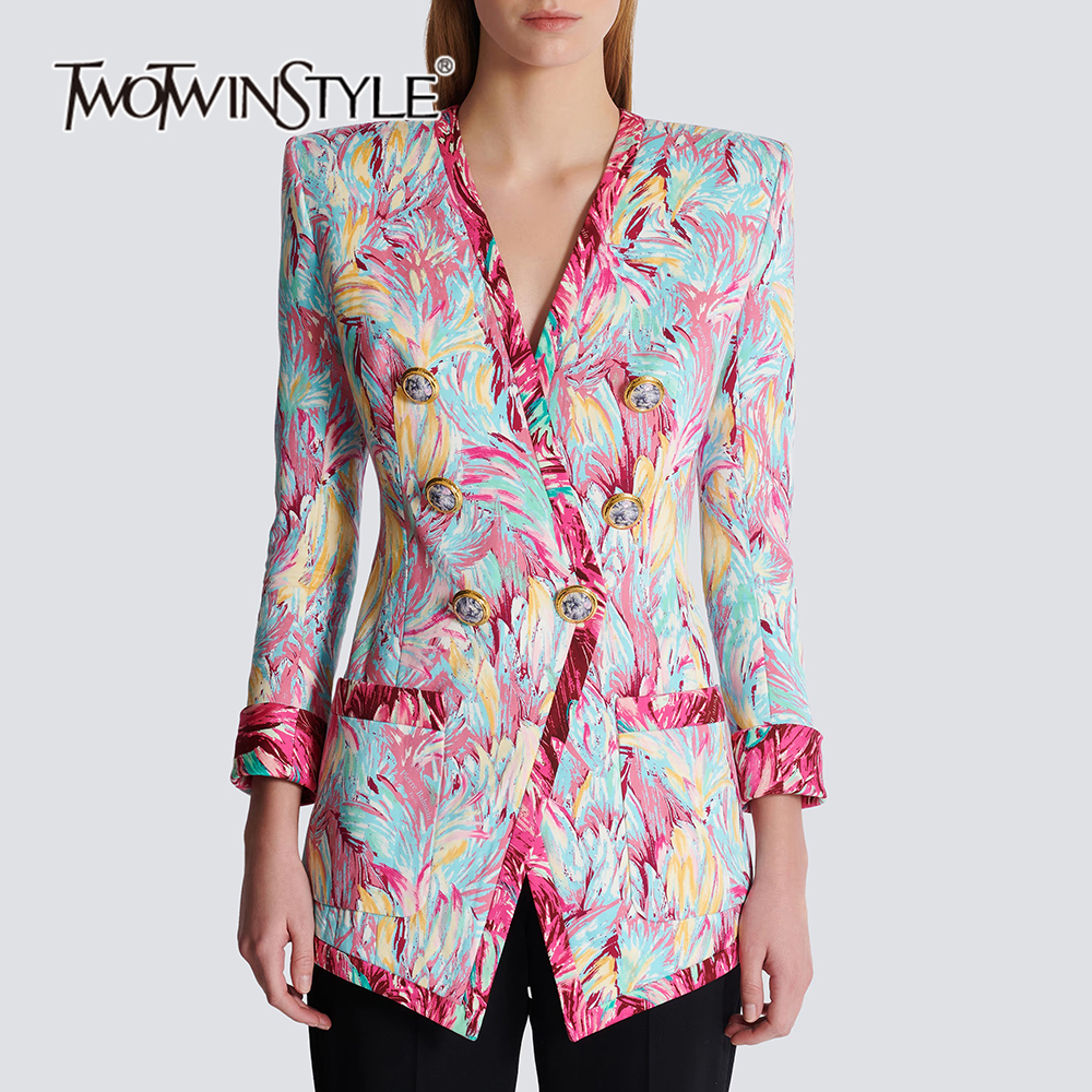 TWOTWINSTYLE Formal Colorblock Printing Women Chic Blazers