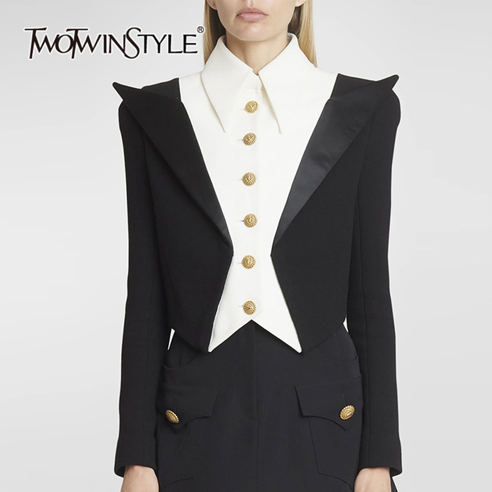 TWOTWINSTYLE Colorblock Chic Spliced Button Women Formal Blazers