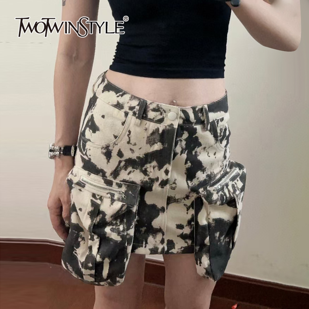 TWOTWINSTYLE Streetwear Colorblock Camouflage Women Chic Skirts