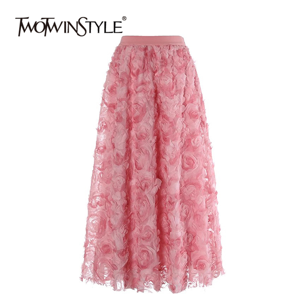 TWOTWINSTYLE Elegant Spliced Appliques Women Mesh Skirts