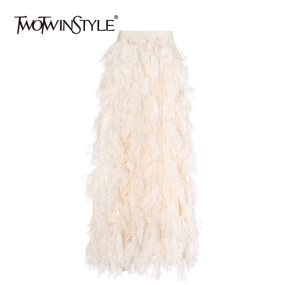 TWOTWINSTYLE Solid Designer Spliced Tassel Women Elegant A Line Skirts