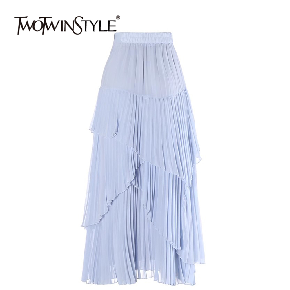 TWOTWINSTYLE Solid Elegant Spliced Pleated Women Temperament A Line Skirts