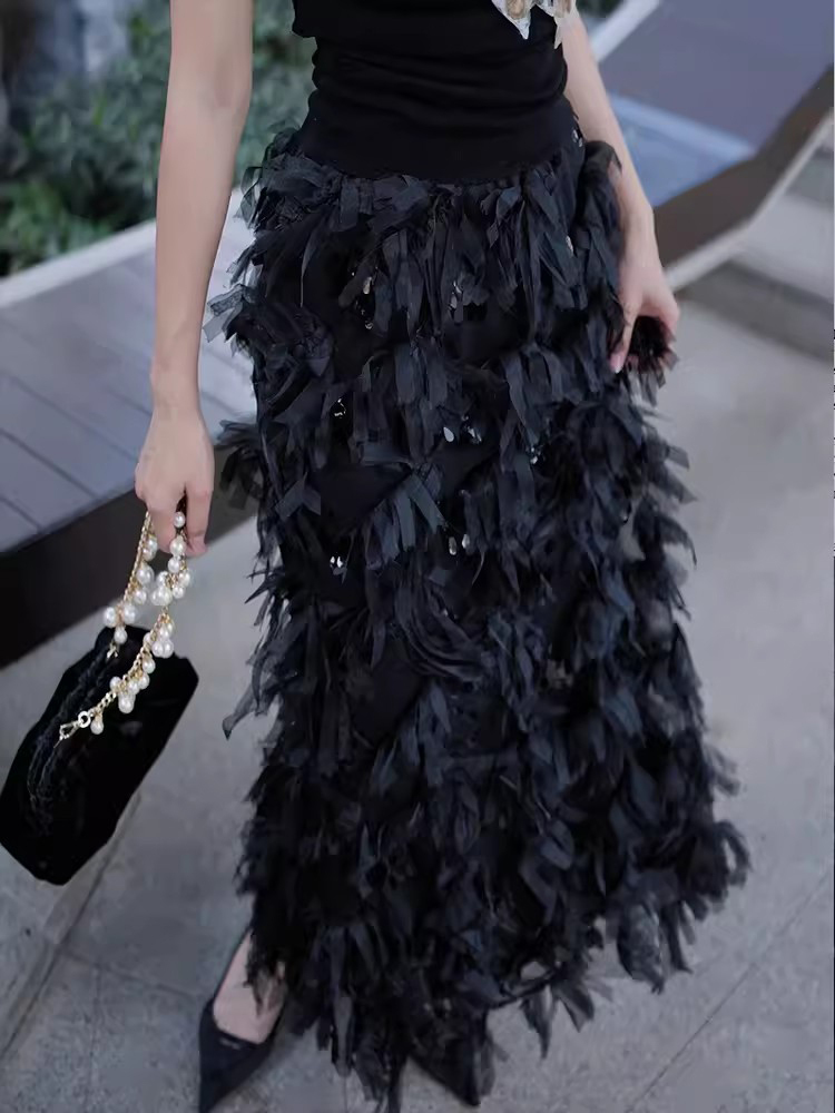 TWOTWINSTYLE Solid Designer Spliced Tassel Women Elegant A Line Skirts