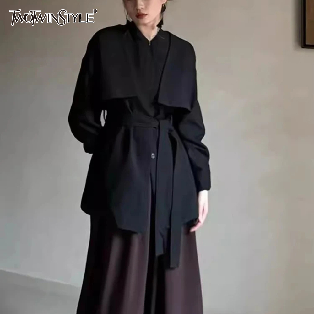 TWOTWINSTYLE Solid Casual Spliced Lace Up Women Minimalist Coats