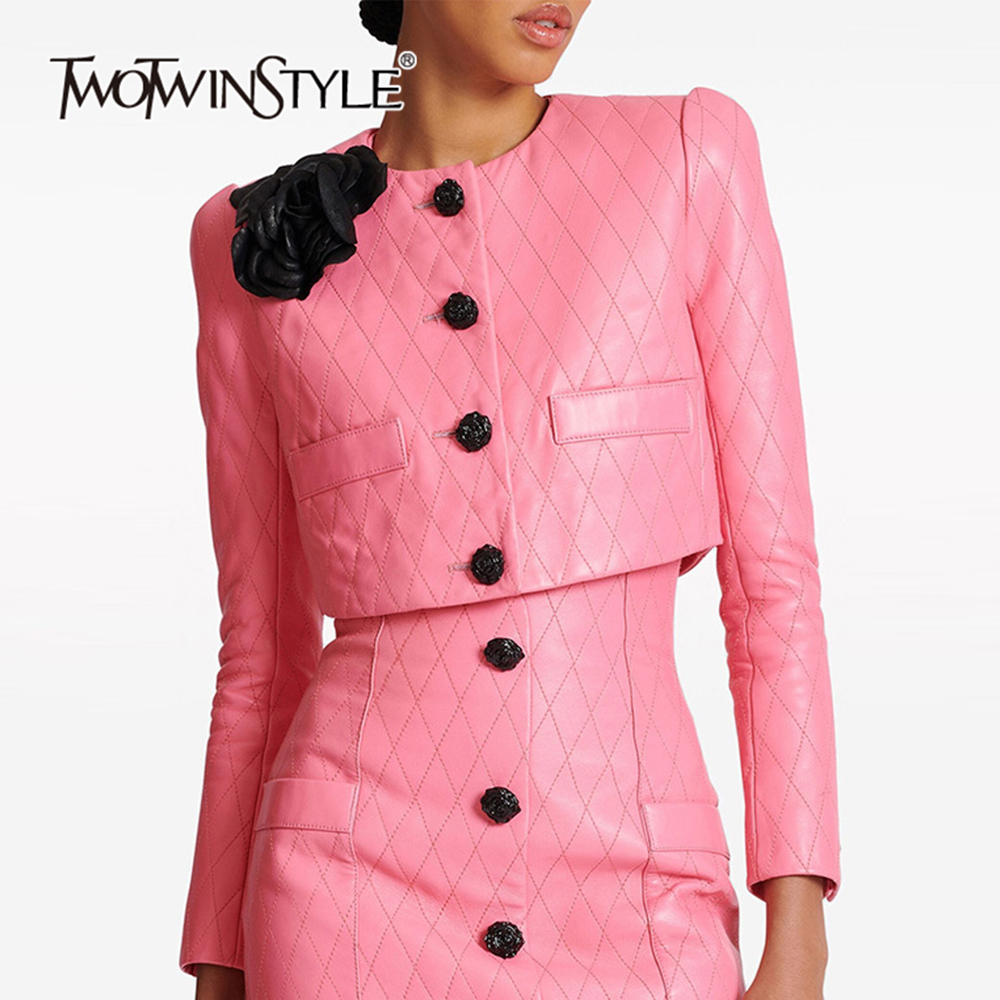 TWOTWINSTYLE Colorblock Elegant Spliced Appliques Women Chic Coats