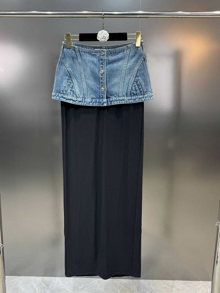 TWOTWINSTYLE Streetwear Colorblock Spliced Denim Women Chic Skirts