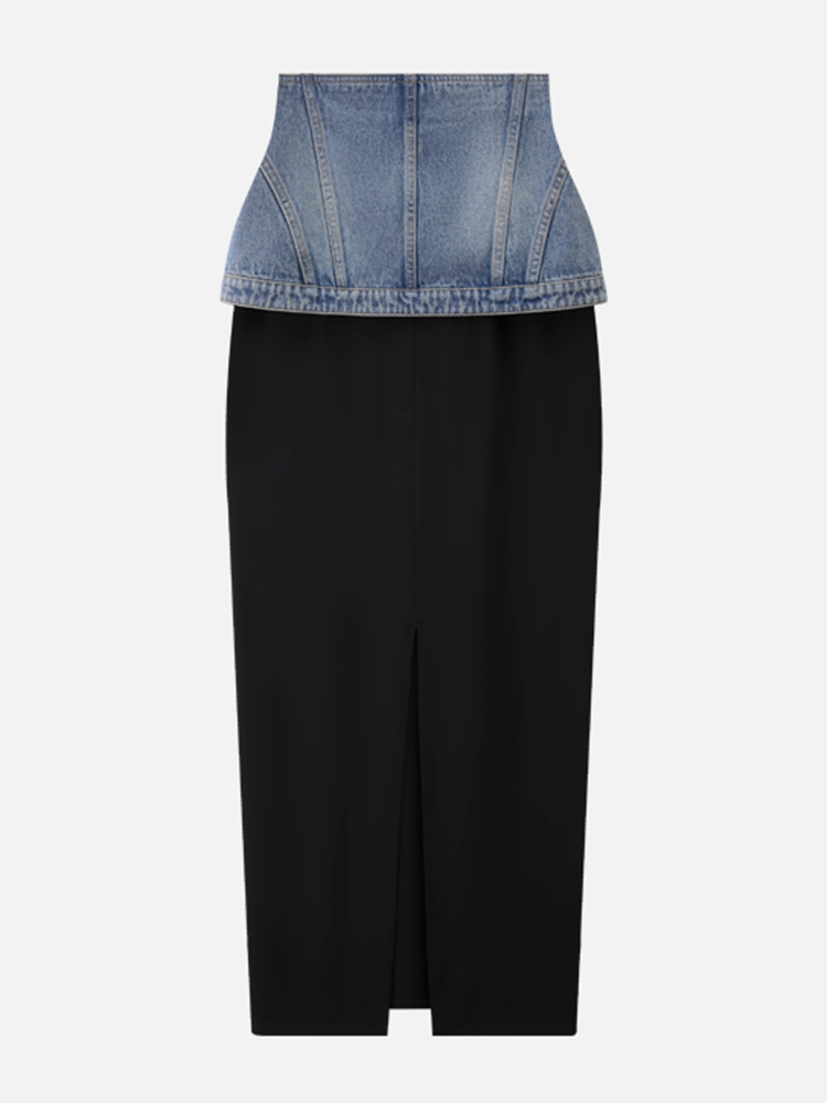 TWOTWINSTYLE Streetwear Colorblock Spliced Denim Women Chic Skirts