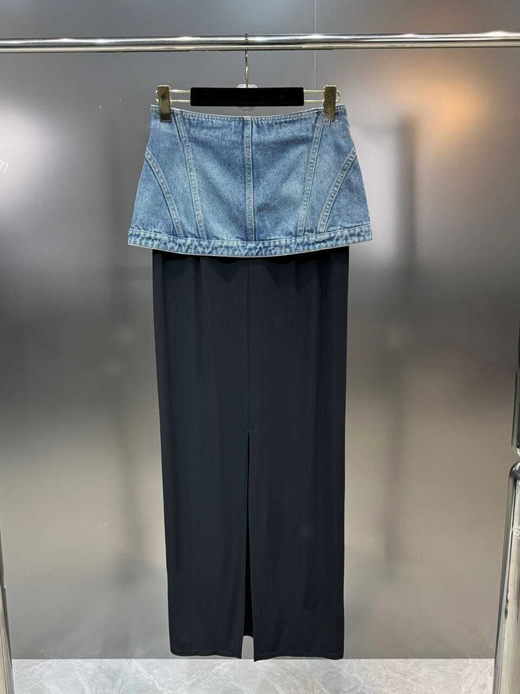 TWOTWINSTYLE Streetwear Colorblock Spliced Denim Women Chic Skirts