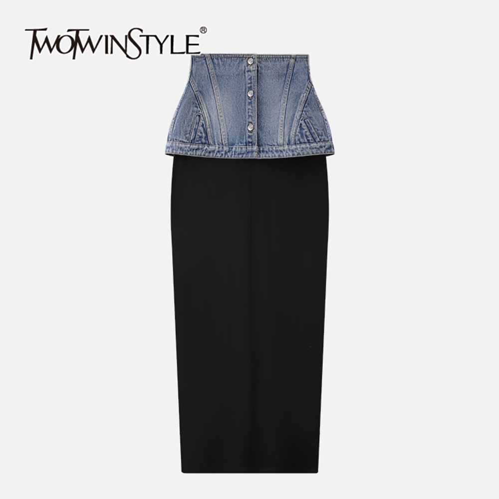 TWOTWINSTYLE Streetwear Colorblock Spliced Denim Women Chic Skirts