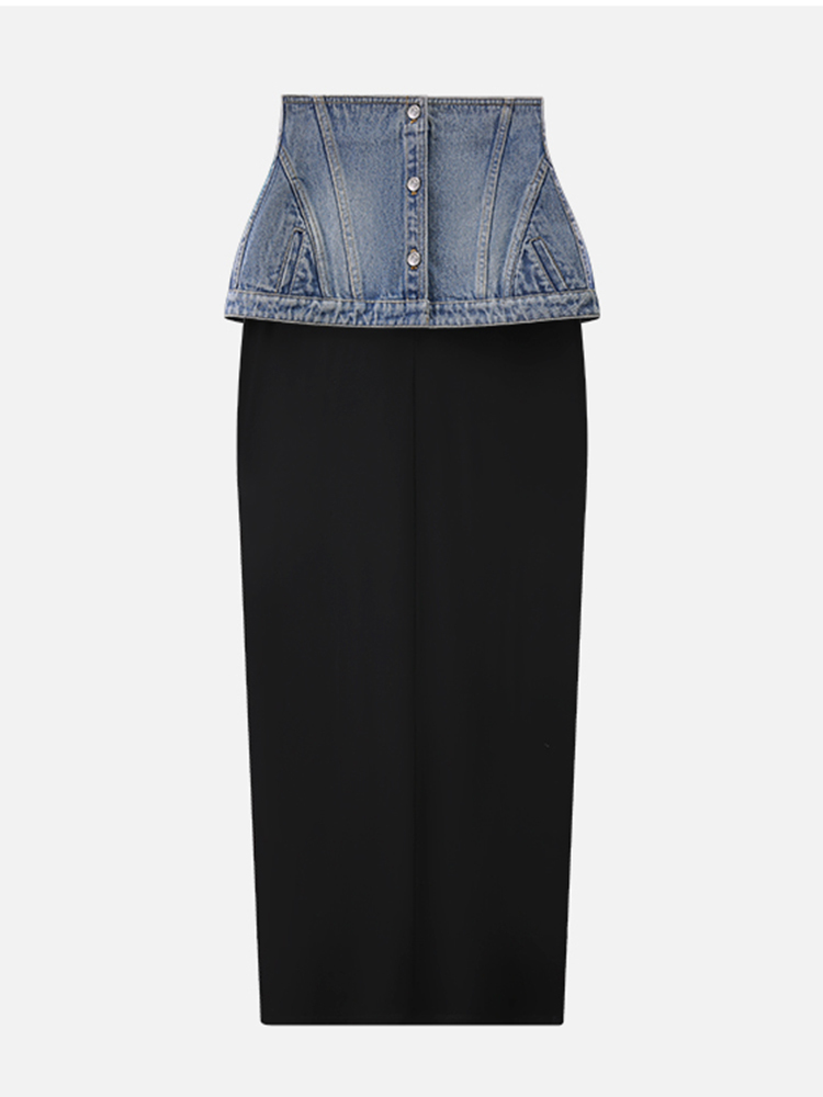 TWOTWINSTYLE Streetwear Colorblock Spliced Denim Women Chic Skirts