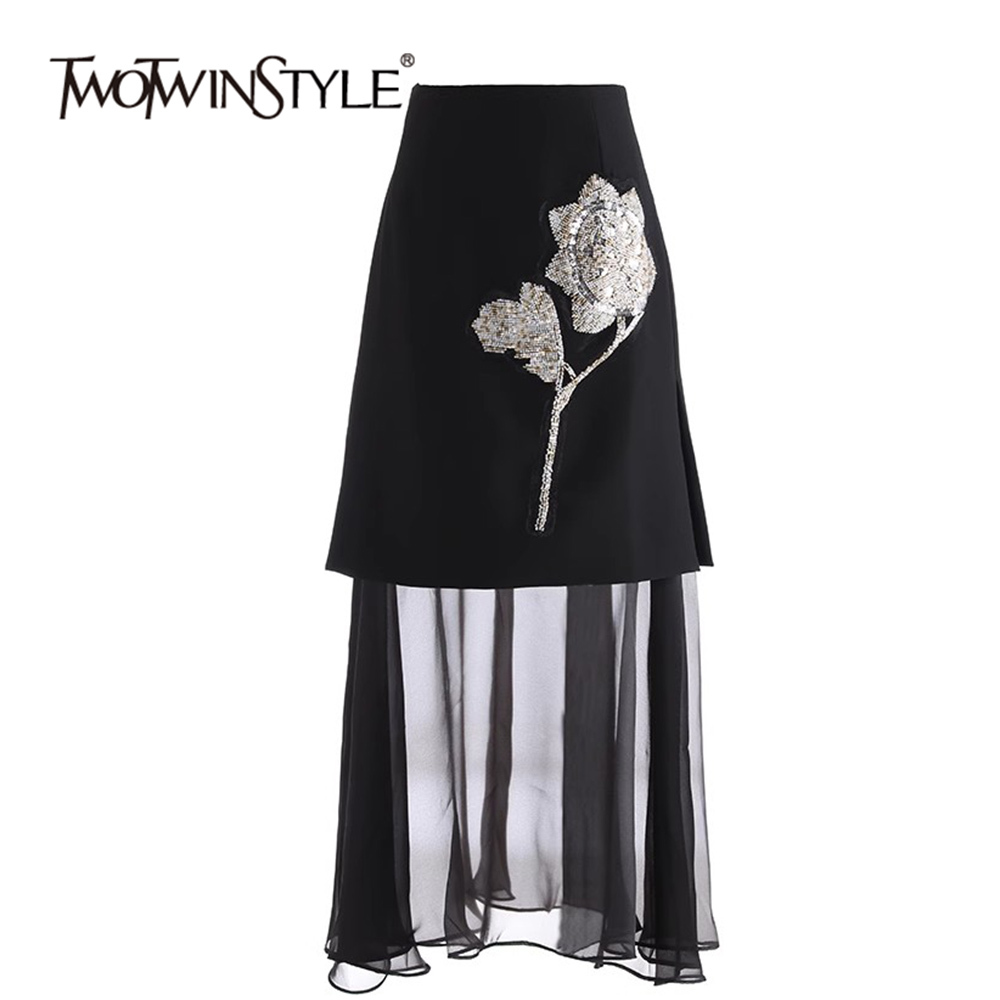 TWOTWINSTYLE Designer Spliced Appliques Women Chic A Line Skirts