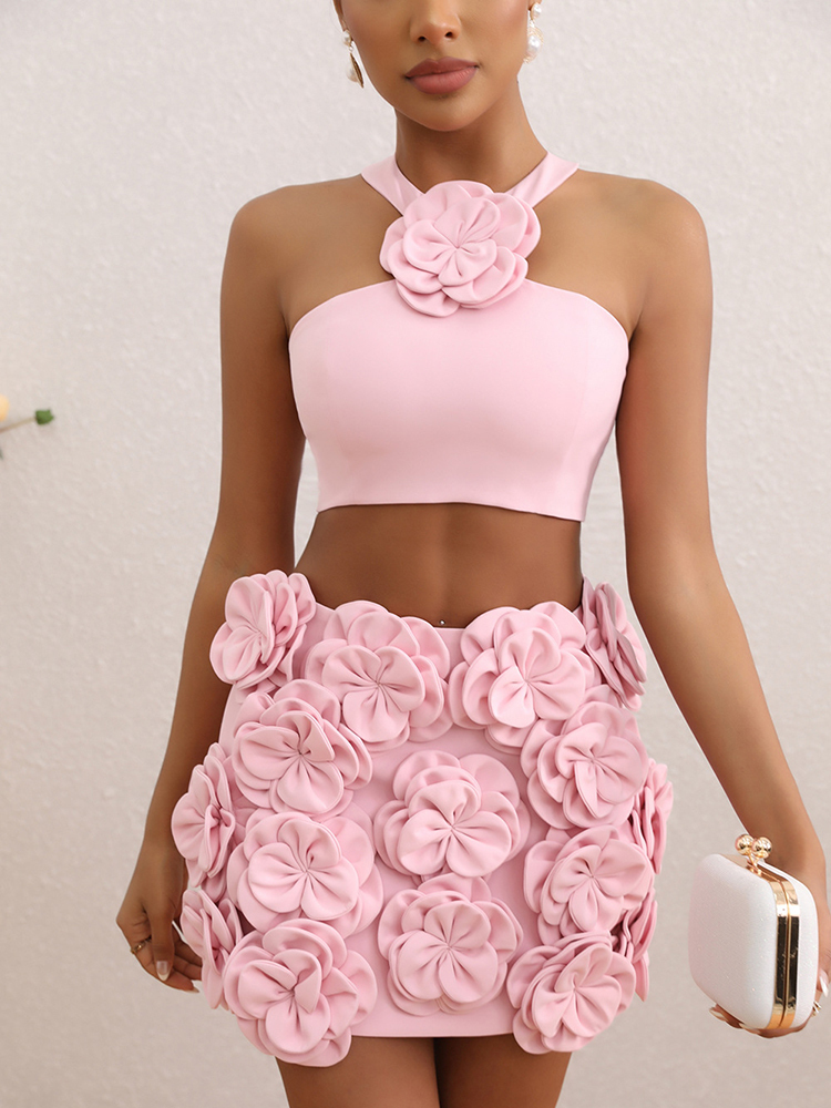 TWOTWINSTYLE Sexy Spliced Appliques Halter Women Slim Two Piece Sets
