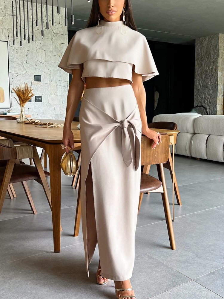 TWOTWINSTYLE Solid Elegant Turtleneck Split Women Chic Two Piece Sets