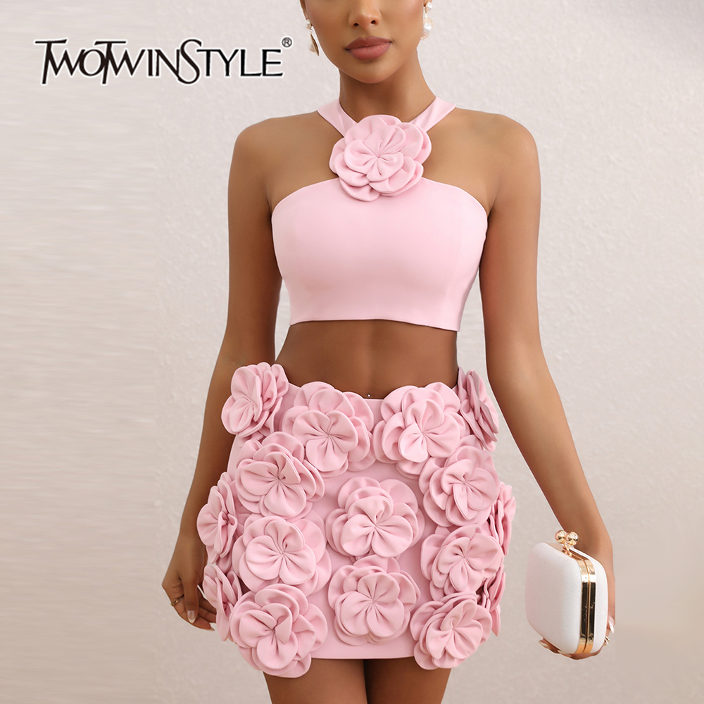 TWOTWINSTYLE Sexy Spliced Appliques Halter Women Slim Two Piece Sets