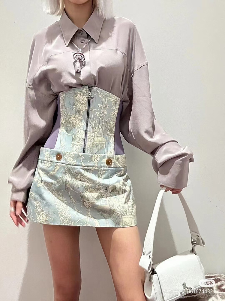 TWOTWINSTYLE Colorblock Printing Spliced Zipper Women Chic Skirts