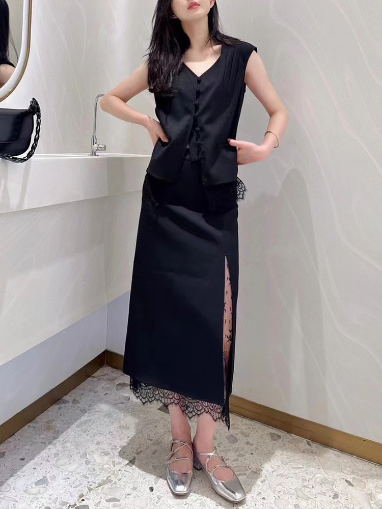 TWOTWINSTYLE Solid Casual Spliced Lace Women Chic Two Piece Sets