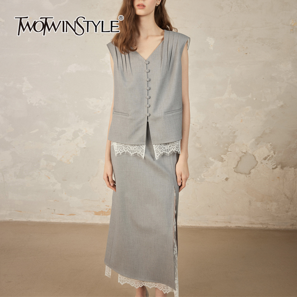 TWOTWINSTYLE Solid Casual Spliced Lace Women Chic Two Piece Sets