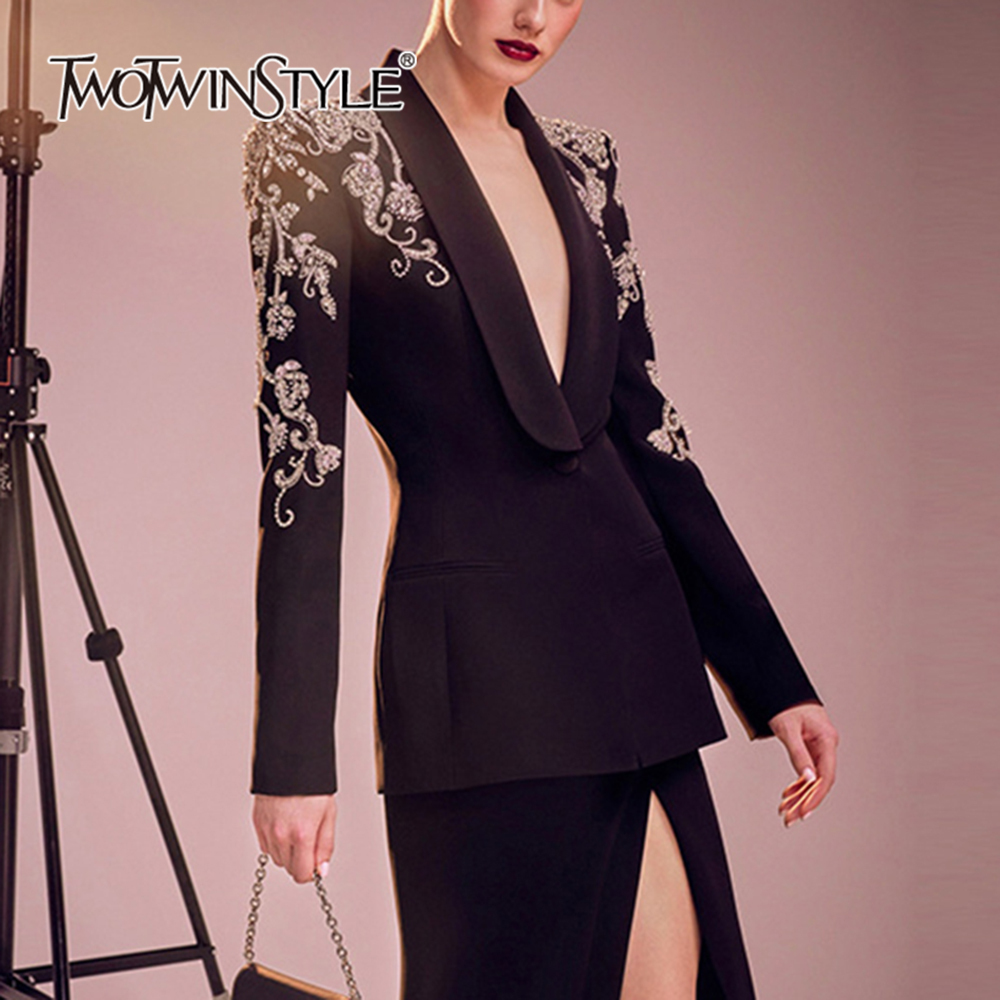 TWOTWINSTYLE Solid Fashion Spliced Diamonds Women Formal Blazers
