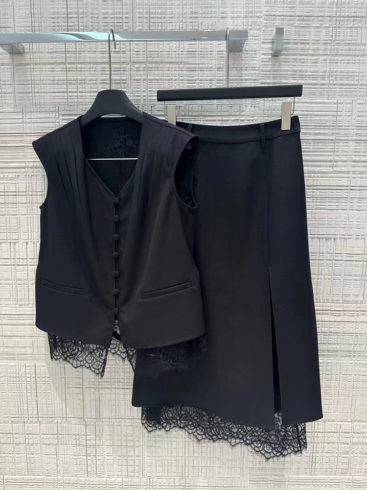 TWOTWINSTYLE Solid Casual Spliced Lace Women Chic Two Piece Sets