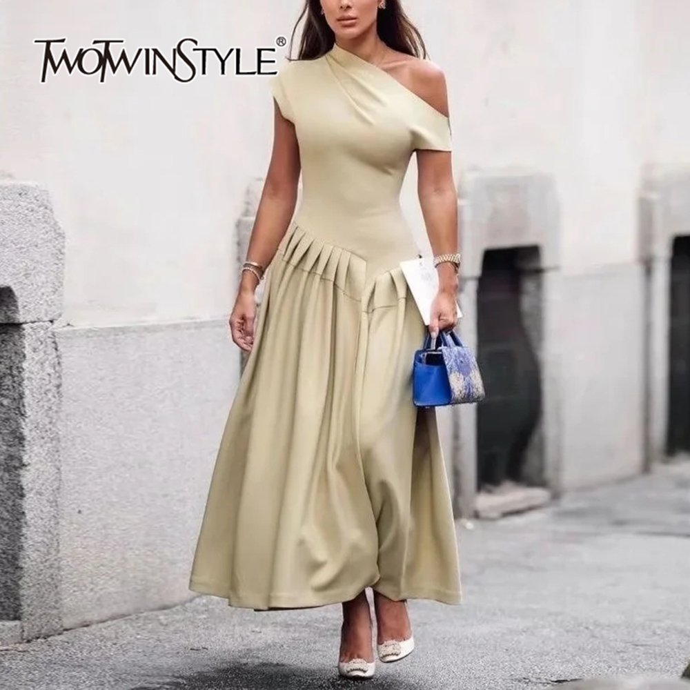 TWOTWINSTYLE Solid Casual Spliced Folds Women Chic Dresses