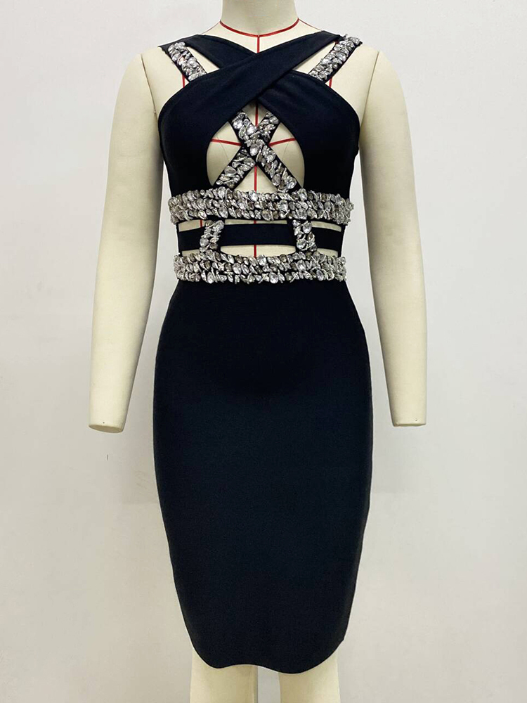 TWOTWINSTYLE Sexy Hollow Out Spliced Diamonds Women Slim Dresses