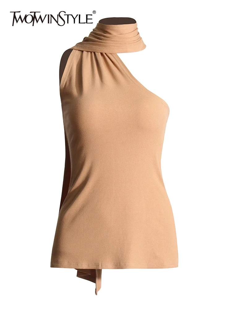 TWOTWINSTYLE Solid Hollow Out Slimming Vests For Women Scarf Collar Sleeveless Temperament Chic Vest Female Fashion Style New