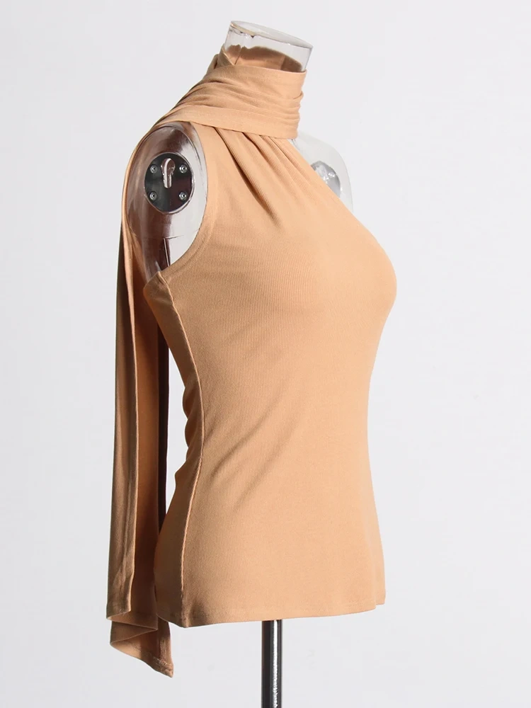 TWOTWINSTYLE Solid Hollow Out Slimming Vests For Women Scarf Collar Sleeveless Temperament Chic Vest Female Fashion Style New