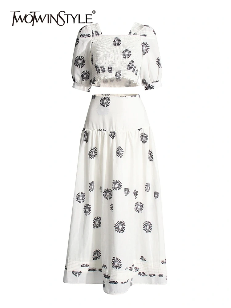 TWOTWINSTYLE Hit Color Printing Two Piece Set For Women Square Collar Puff Sleeve Tops High Waist Skirts Casual Sets Female New