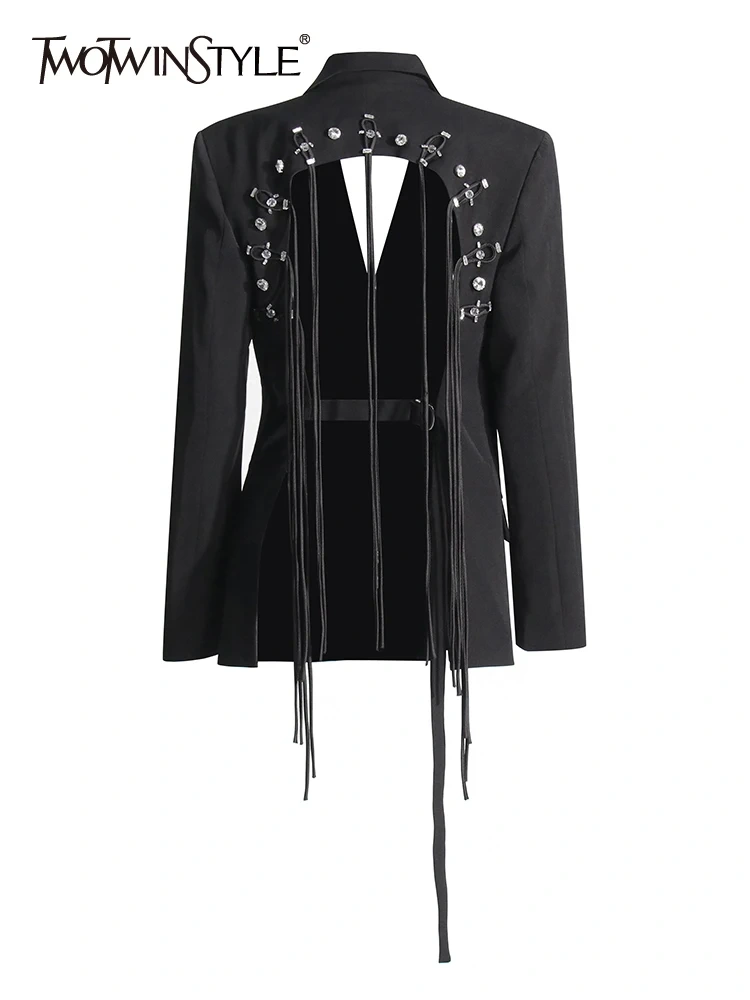 TWOTWINSTYLE Solid Spliced Diamonds Chic Blazers For Women Notched Collar Long Sleeve Backless Patchwork Drawstring Coat Female