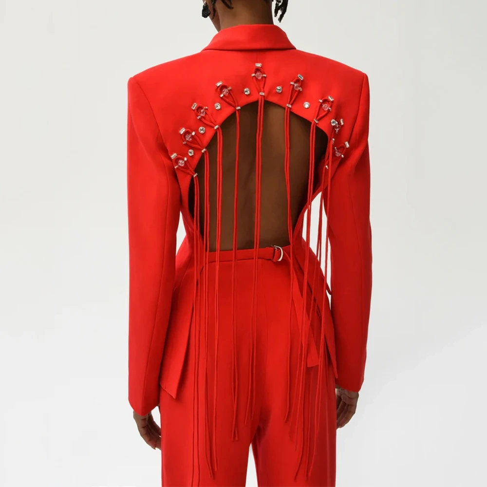 TWOTWINSTYLE Solid Spliced Diamonds Chic Blazers For Women Notched Collar Long Sleeve Backless Patchwork Drawstring Coat Female