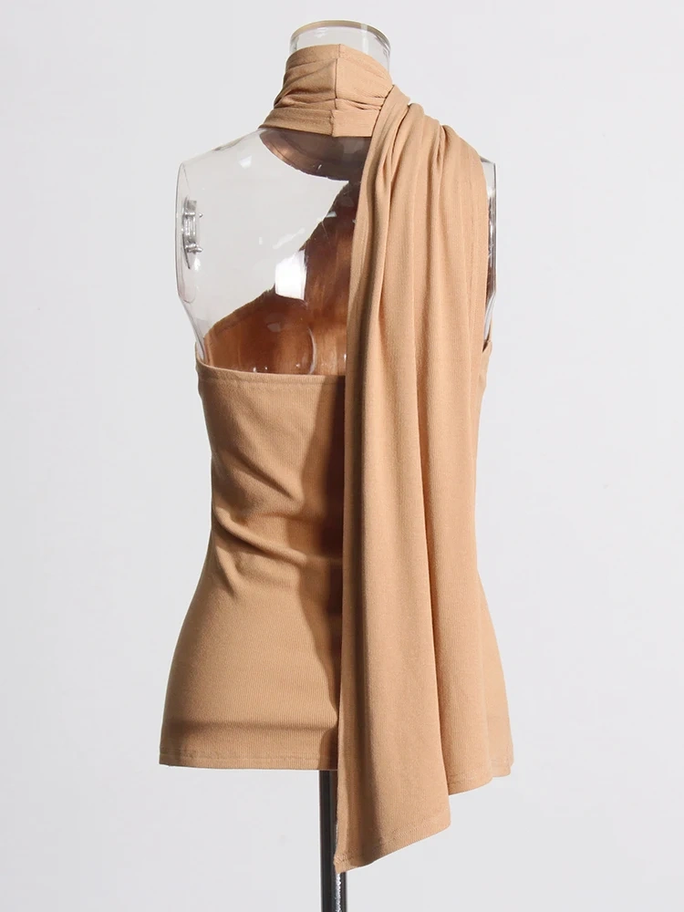 TWOTWINSTYLE Solid Hollow Out Slimming Vests For Women Scarf Collar Sleeveless Temperament Chic Vest Female Fashion Style New