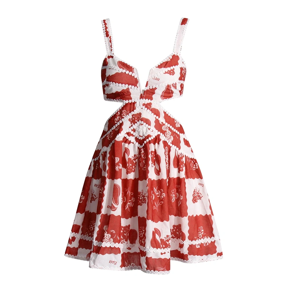 TWOTWINSTYLE Hit Color Printing Hollow Out Dresses For Women V Neck Sleeveless High Waist Designer Minimalist Mini Dress Female