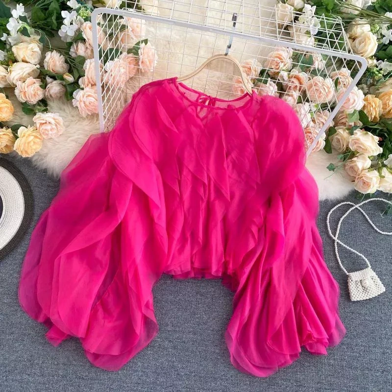 CHICEVER Patchwork Ruffles Solid Fashoin Loose Women Shirts Spliced Lace Up Tops