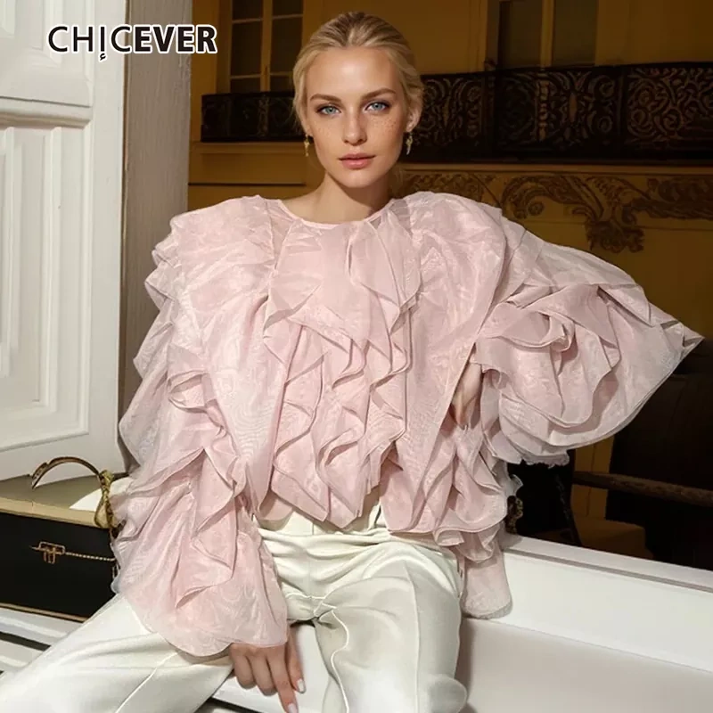 CHICEVER Patchwork Ruffles Solid Fashoin Loose Women Shirts Spliced Lace Up Tops