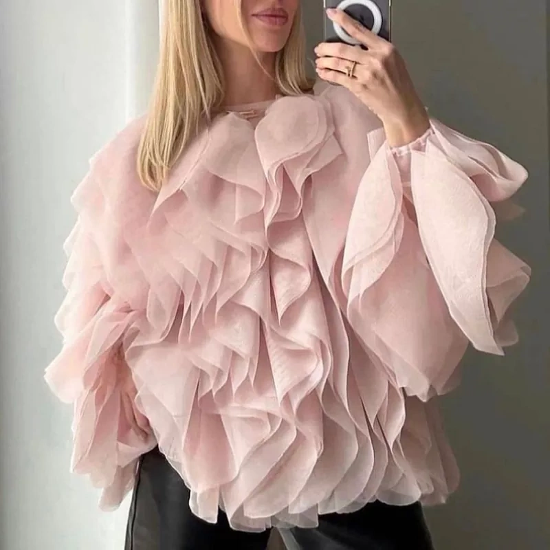 CHICEVER Patchwork Ruffles Solid Fashoin Loose Women Shirts Spliced Lace Up Tops