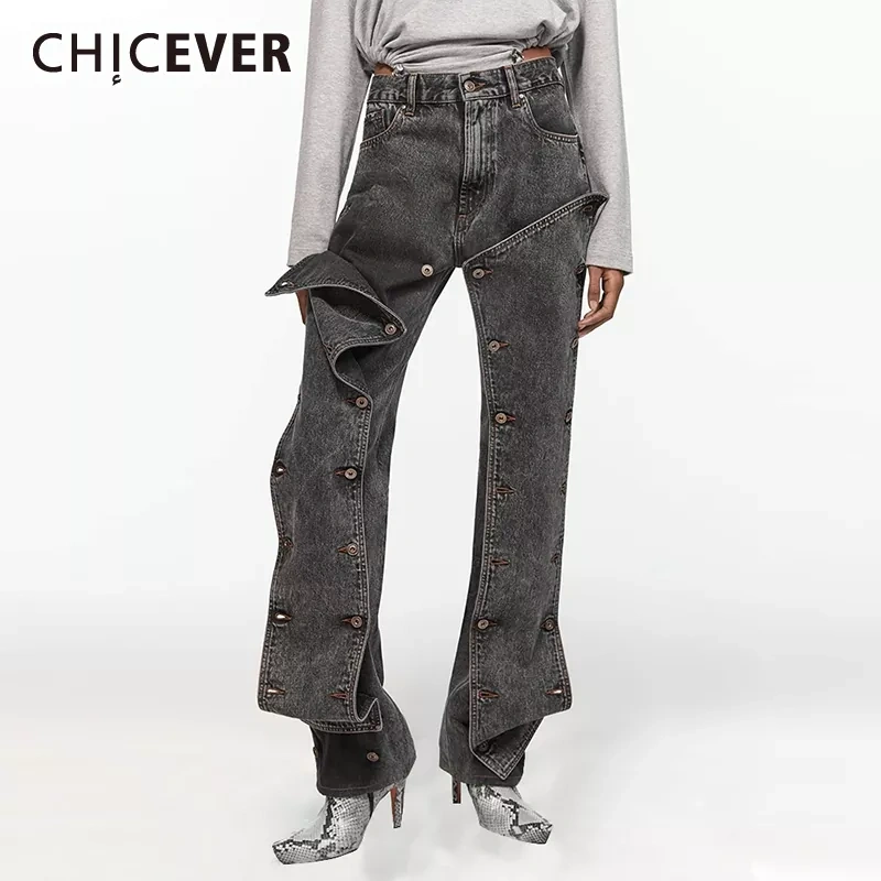 CHICEVER Patchwork Button Fashion Loose Jeans For Women