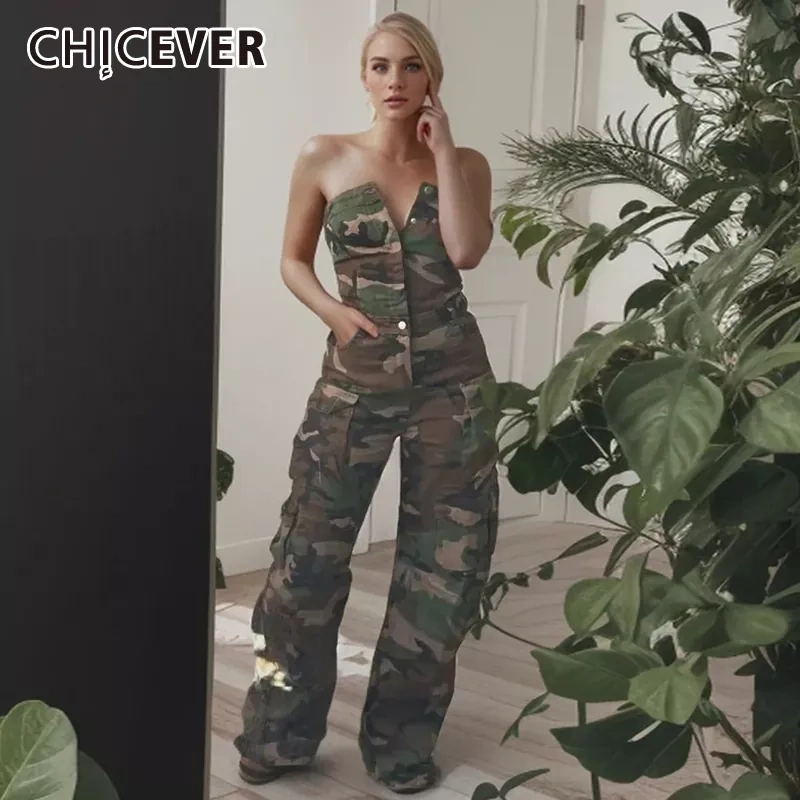 CHICEVER Camouflage Streetwear Jumpsuits For Women