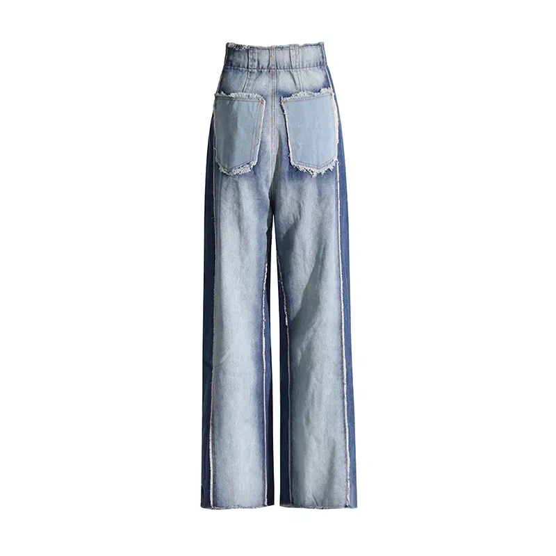 CHICEVER Vintage Colorblock Denim Wide Leg Jeans For Women