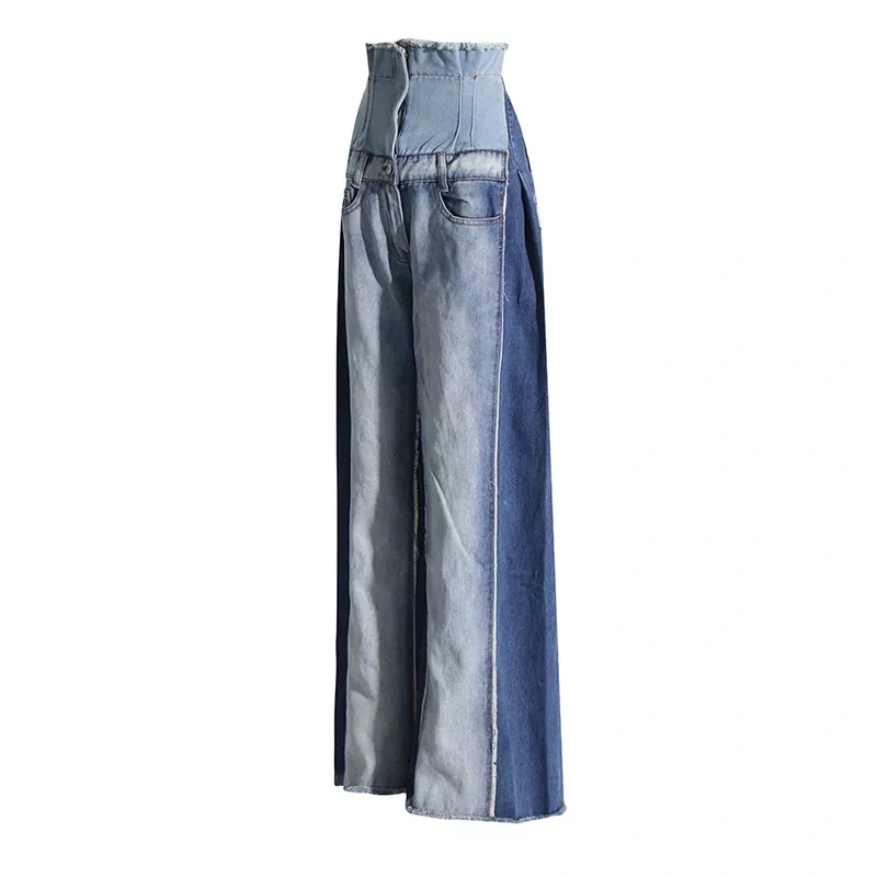 CHICEVER Vintage Colorblock Denim Wide Leg Jeans For Women