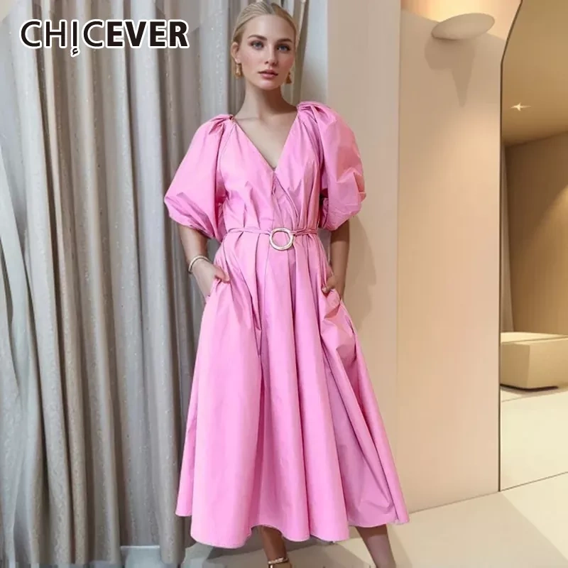 CHICEVER Minimalist Patchwork Pockets Folds Loose Summer Long Dress