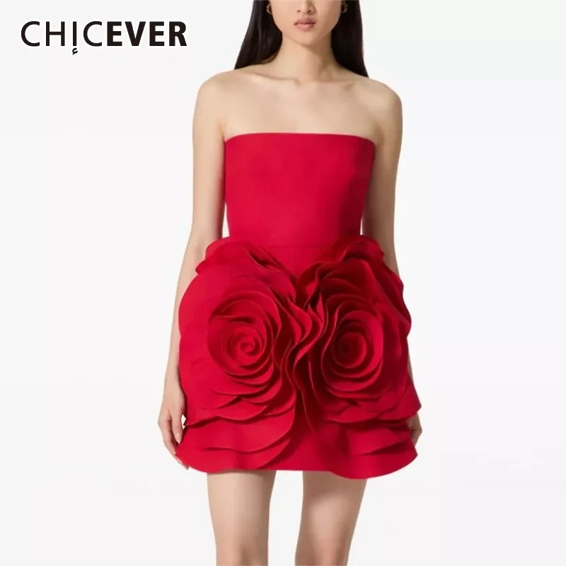 CHICEVER Solid Patchwork Appliques Temperment Dresses For Women