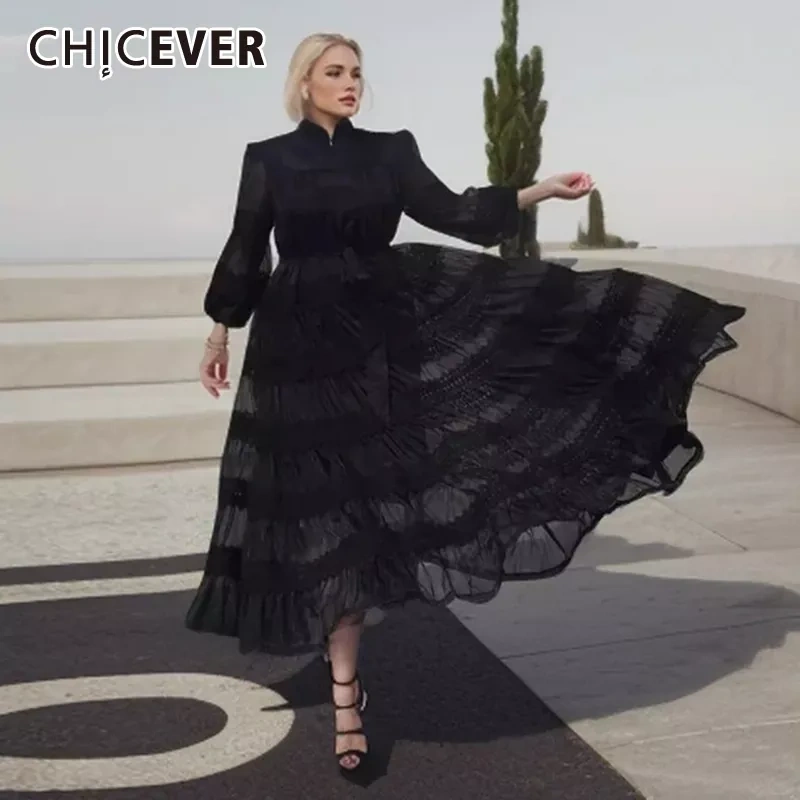 CHICEVER Elegant Solid Patchwork Belt Dresses For Women