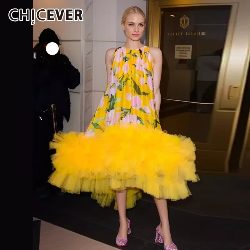 CHICEVER Patchwork Mesh Hit Color Print Long Dress For Women 2024